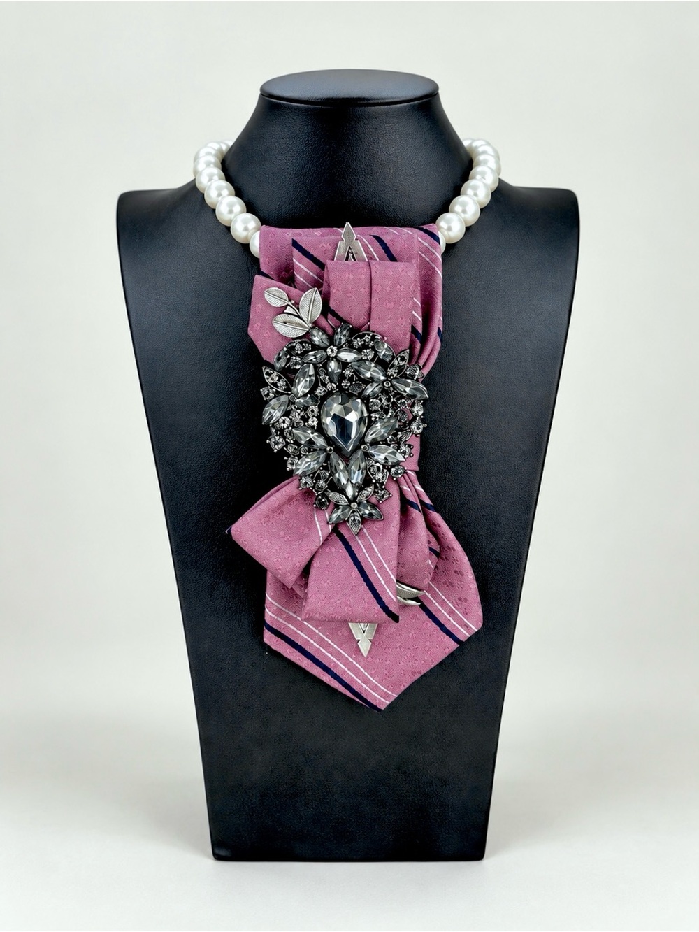 Necktie Necklace Wearable Art, One-of-One Embellished Pink Sliver Black White St